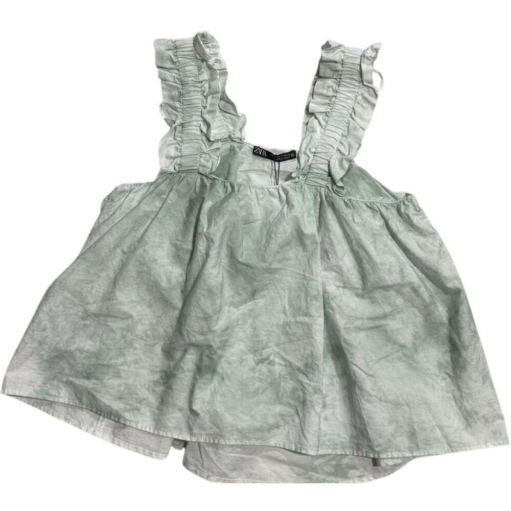 NWT Zara Smocked Babydoll Poplin Top Cropped Tie Dye Tank Blouse Womens Sz Small